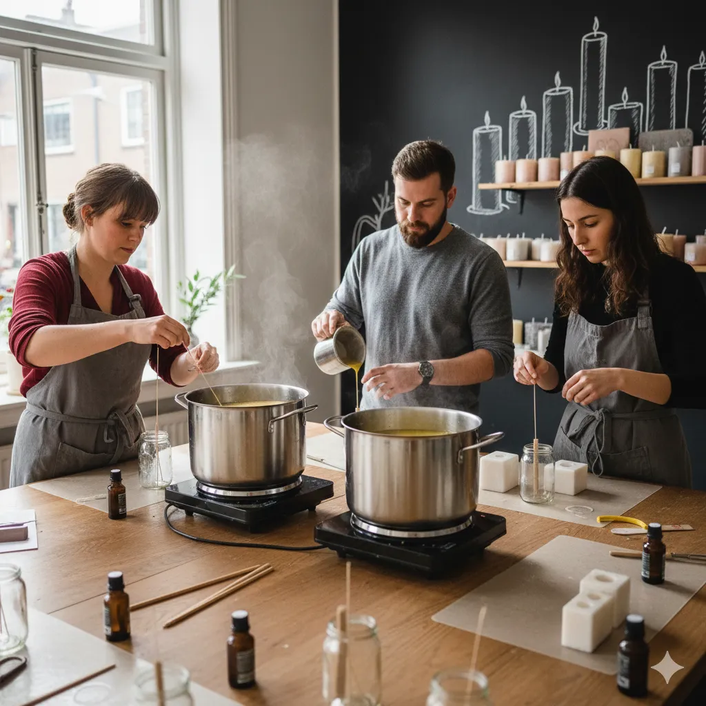 Basis kaarsenmaak workshop met deelnemers die werken met gesmolten was